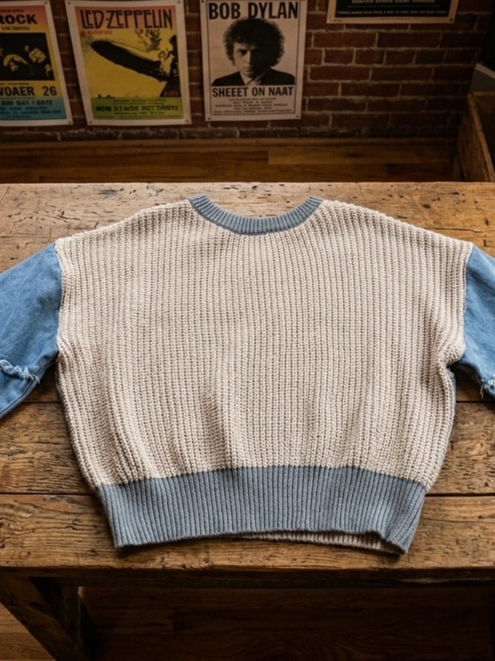 Casual Crewneck Sweater - Cream Body with Light Blue Trim and denim sleeves